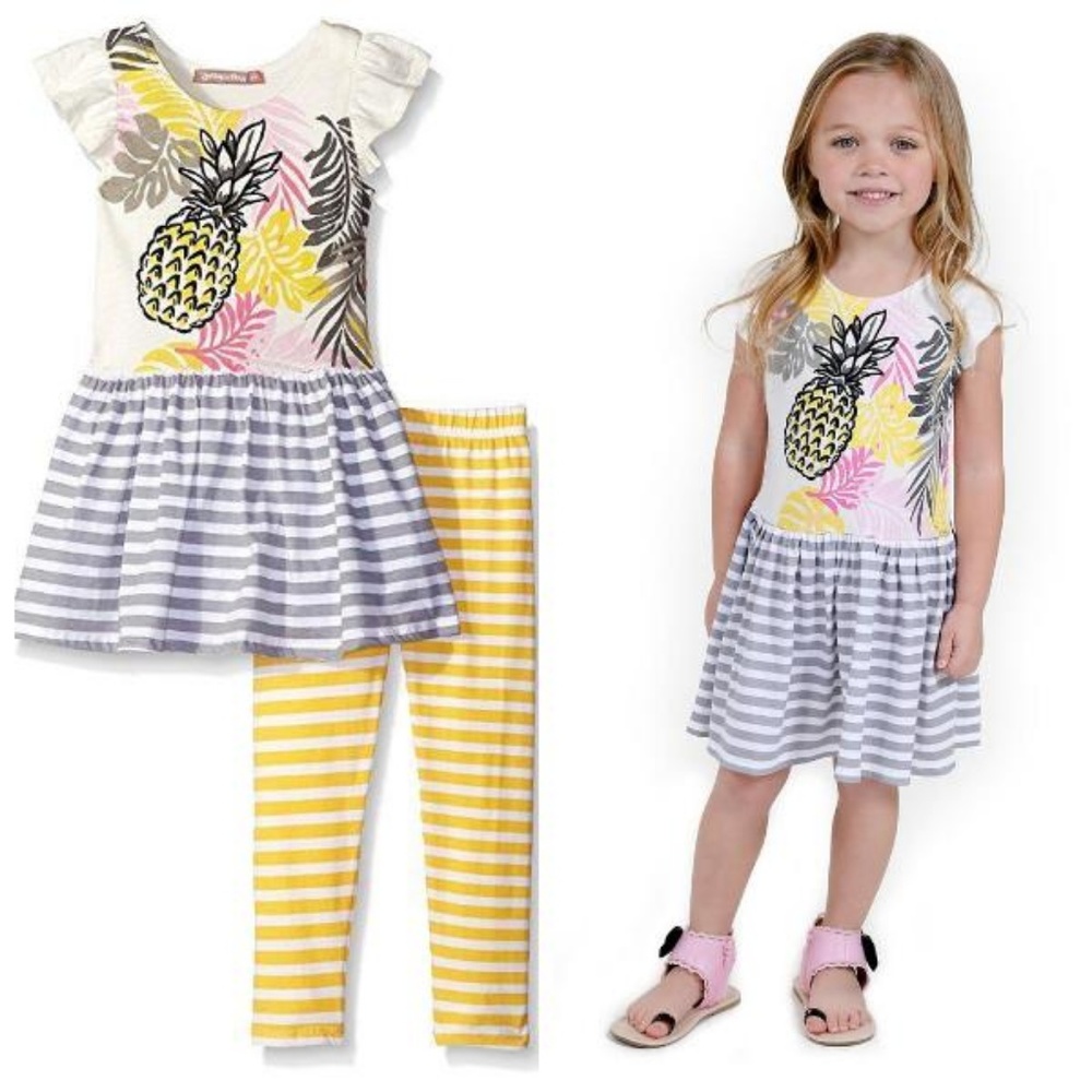 Jelly‎ The Pug Girls Pineapple Striped Knit Dress Legging Set 2 Pc Outfit 3T 5